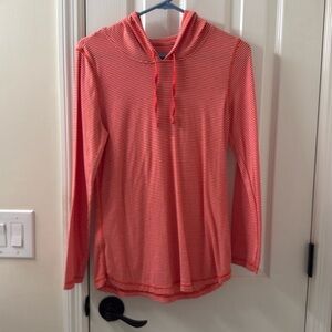 Eddie Bauer lightweight long sleeve with hood, red and white striped, size L